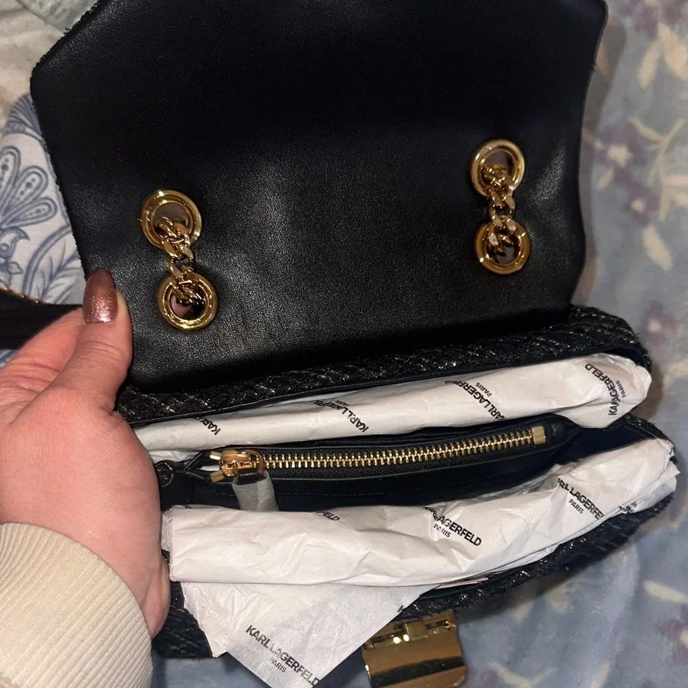 Karl Lagerfeld Black and Gold Tweed Shoulder Bag NWT - Picture 6 of 6